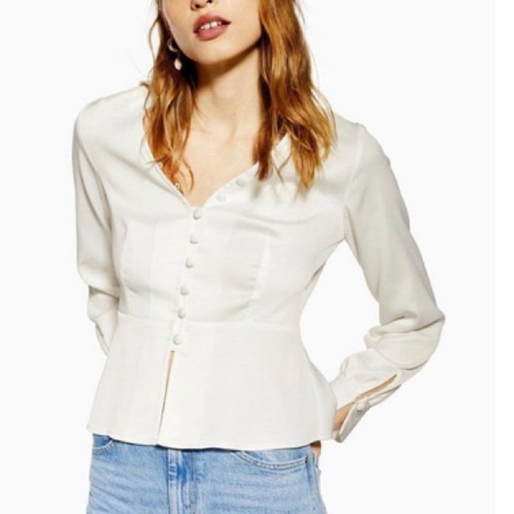 TopShop white button down peplum blouse collared sleeves size 6